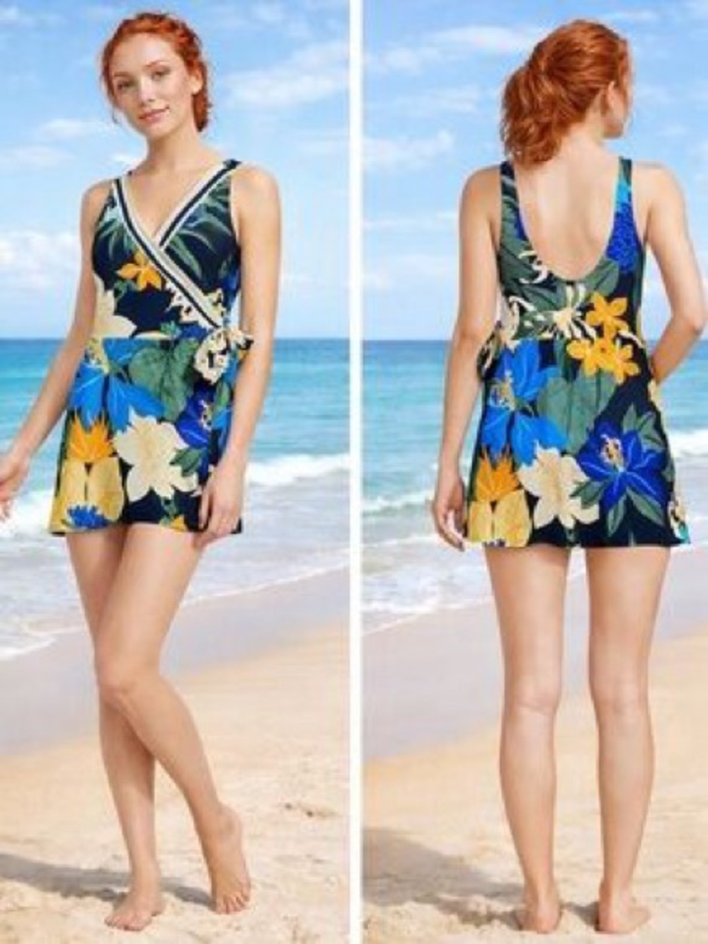 Lands' End Navy Floral Wrap One-Piece Swimdress - 16 Long Torso - Picture 2 of 5
